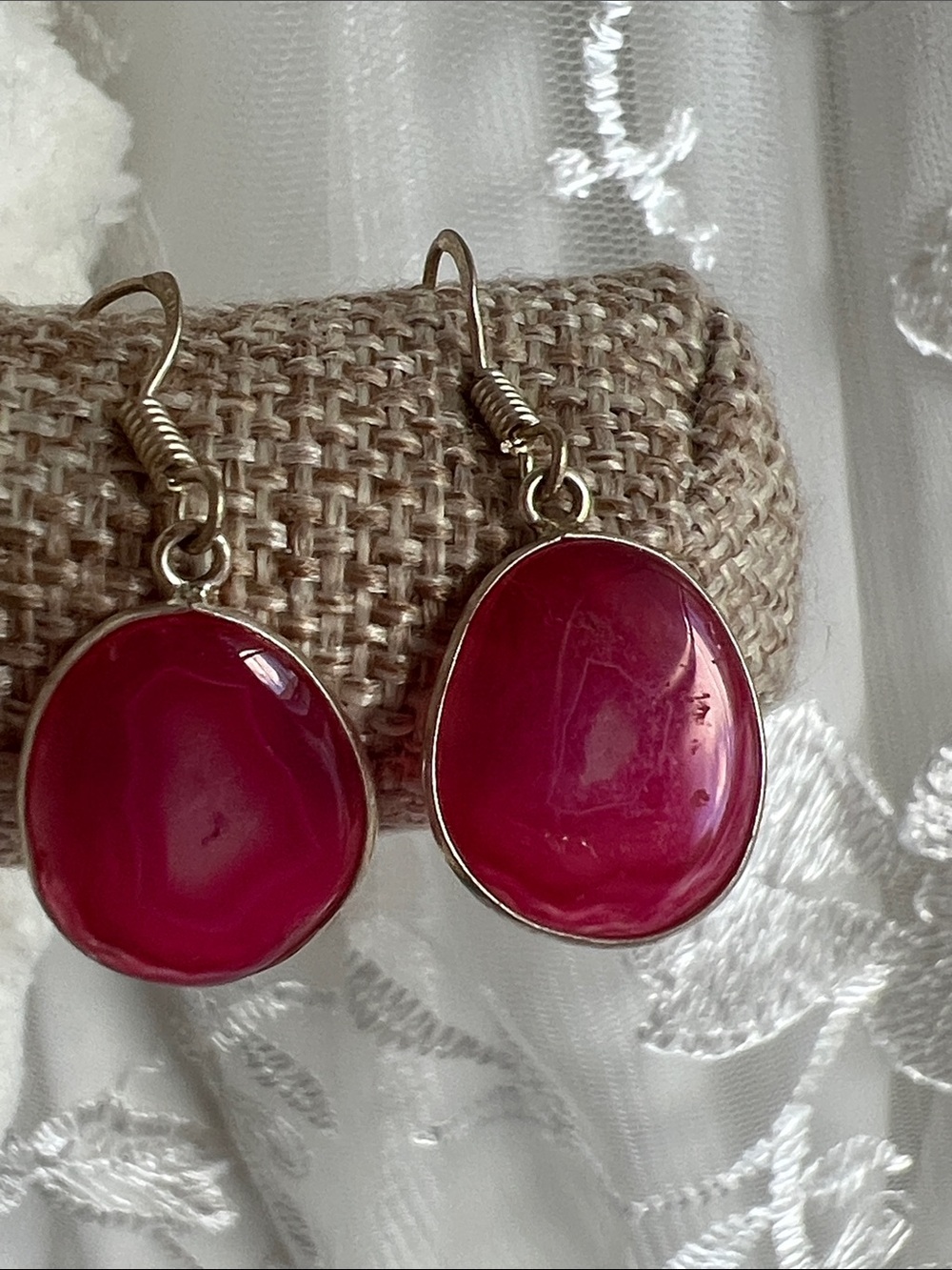 Hot Pink Agate Drop Earrings with Silver-Tone Hooks